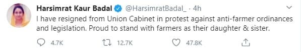 harsimrat-kaur-badal-resigns-from-union-cabinet-over-anti-farmer-legislation-capt-amarinder-singh-calls-the-deecision-a-part-of-long-chain-of-theatrics