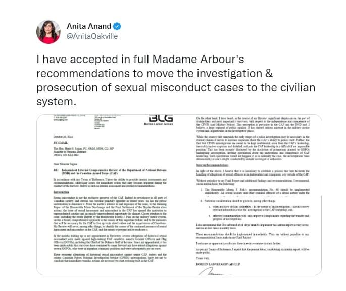 investigation-and-prosecution-of-military-related-sexual-misconduct-and-assault-cases-to-move-to-civilian-police-anita-anand
