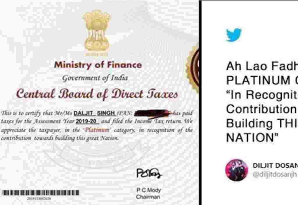 diljit-dosanjh-shares-certificate-from-the-income-tax-department