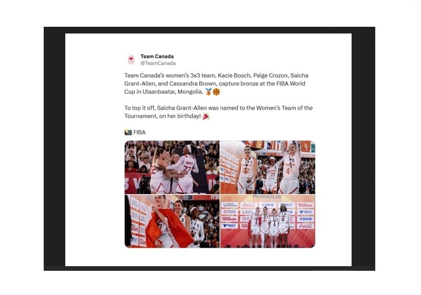 Canada wins bronze at women's 3x3 basketball World Cup