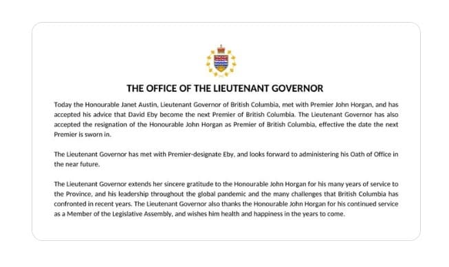 lieutenant-governor-janet-austin-accepted-the-resignation-of-john-horgan-as-premier
